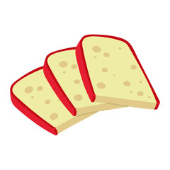 A group of sliced pieces of gouda cheese in a flat style with realistic motifs, Cheese in a red wax shell. Isolated sliced strips of vector illustration. Cheese with pores, sliced for consumption