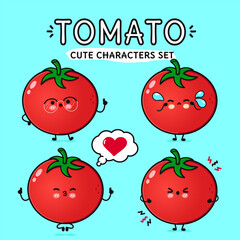 Funny cute happy Tomato characters bundle set. Vector hand drawn doodle style cartoon character illustration icon design. Isolated on blue background. Tomato mascot character collection