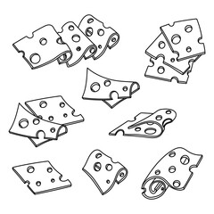 set of doodles of various thinly sliced slices of porous cheese. flat illustration of cheeses in different positions, in groups individual slices, modern vector collection of pieces of dairy products