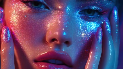 Close-up Portrait of a Woman's Face Covered in Glittering Makeup