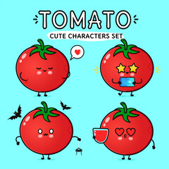 Funny cute happy Tomato characters bundle set. Vector hand drawn doodle style cartoon character illustration. Isolated on blue background. Tomato mascot character collection