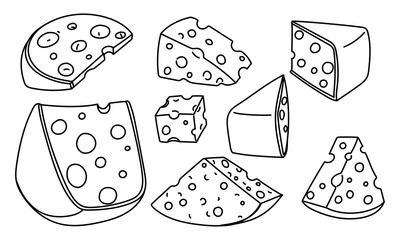 set of doodles of various triangular, square, round slices of porous cheese. flat illustration of cheese in different positions, individual slices, modern vector collection of pieces of dairy products