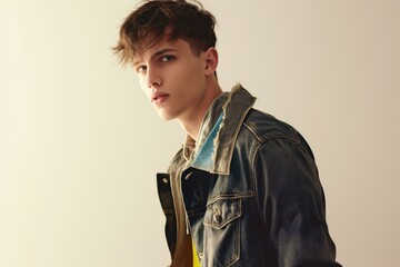 Young man wears stylish jacket on light background. Green and grey colors, casual attire. Modern fashion, photogenic guy poses. Caucasion adult man wears stylish outfit.