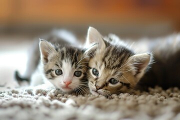 Obraz premium Close-up of two small kittens on a carpet. Furry, fluffy, cute, playful, adorable, charming domestic cats. Soft, little, baby animals with beautiful, lovely fur, paws and faces.