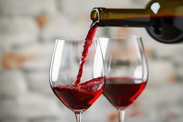 Red wine pours into wine glass. Close-up of liquid pouring from bottle. Bordeaux, burgundy, merlot, cabernet. Elegant drink, luxury product, ripe grapes.