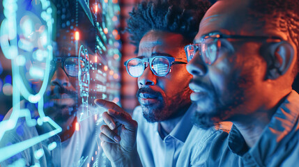 Two developers analyzing data on futuristic transparent screen interface