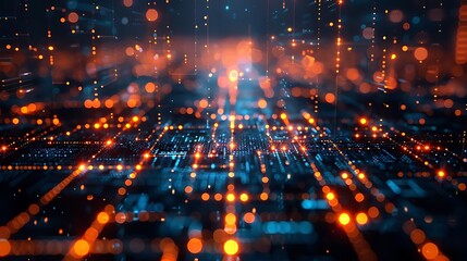 Obraz premium Abstract digital landscape with glowing lights representing technology and data flow.