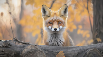   Close-up of a fox on a log against a backdrop of trees with yellow and orange foliage