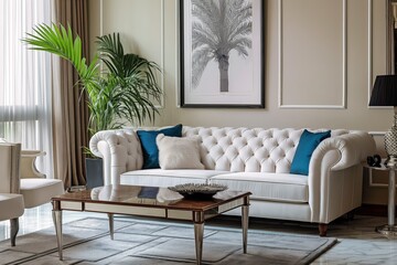 Elegant living room interior with comfortable sofa and wooden table. Modern home decor with floral bouquet and cozy carpet. Contemporary style furniture for relaxing and stylish living.