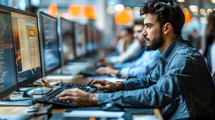A focused young man working on a computer in a modern office environment, surrounded by multiple screens displaying code and data. The atmosphere is collaborative and tech-oriented.