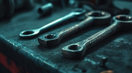 Close-up of Two Metallic Wrenches on a Dark Blue Surface