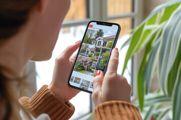 Woman hand selects dwelling on house hunting website via smartphone indoors. Close-up of female client on real estate app, choosing property to buy or rent.