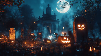 Obraz premium A graveyard at night with jack-o'-lanterns glowing near ancient tombstones, surrounded by burning candles, mist, and the full moon casting shadows