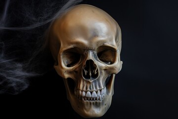 Fototapeta premium Spooky human skull on black background. Dark, mysterious, eerie image of skull. Of death, evil, horror. Often used in Halloween decorations, celebrations. Used as decorative element for autumn, fall