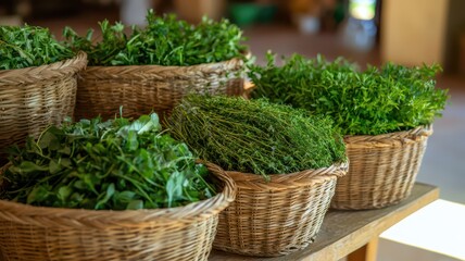 Fresh green herbs in woven baskets, showcasing vibrant colors and textures, ideal for culinary, health, and gardening enthusiasts.