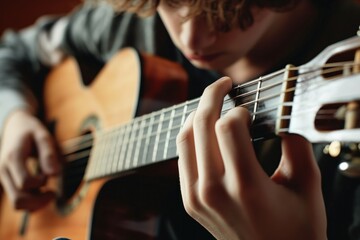 Fototapeta premium Young male musician plays acoustic guitar in close-up. Man fingers strings on instrument. Casual attire, dark background, guitar player hands move rapidly.