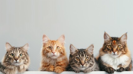 Cute cats on grey background, banner design with space for text. Lovely pets sit together, looking curious, fluffy, adorable. Various cat breeds, ginger, tabby, shown in fun, playful way.