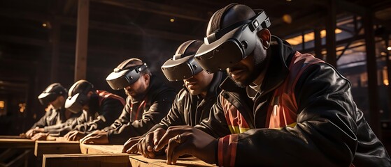 A group of individuals using virtual reality headsets in a workshop setting.