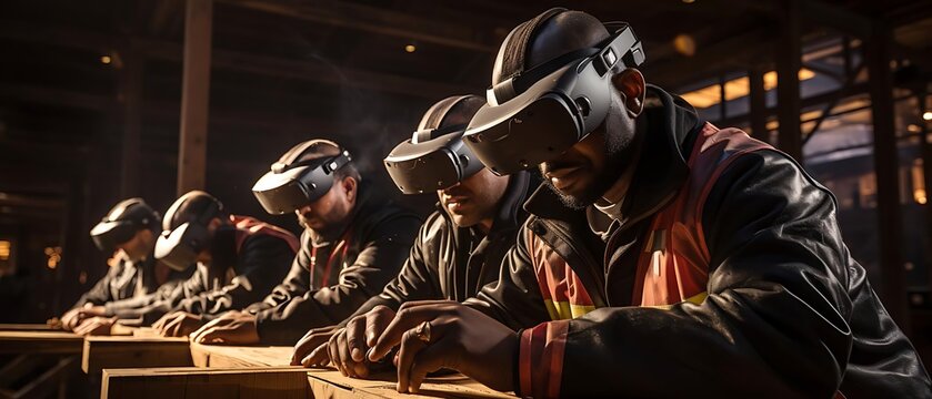 A group of individuals using virtual reality headsets in a workshop setting.