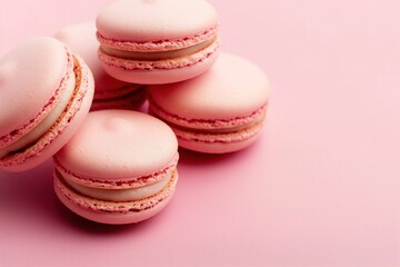 Obraz premium Pink macaroons on a pink background. Sweet French pastries with delicate texture. Tasty, delicious dessert for foodies. Pink confectionery, sweet treats on a colorful background.
