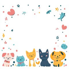 Naklejka premium A group of cats and dogs are sitting in a frame with hearts and flowers