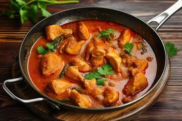 Fototapeta premium Juicy chicken curry in pan on wooden background. Garnished with cilantro and parsley. Brown sauce and spices. Traditional Indian cuisine. Tasty meal for dinner. Cooked in pan.