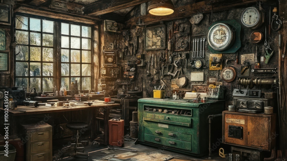 Poster A cluttered workshop with a workbench, tools, and a window overlooking trees