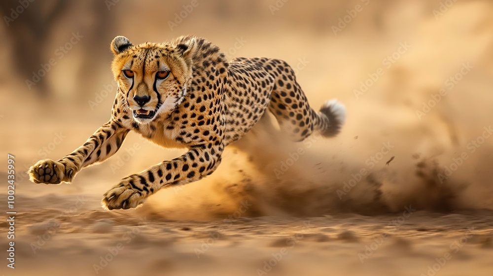 Wall mural   A cheetah sprinting on a dusty field amidst tree-filled surroundings