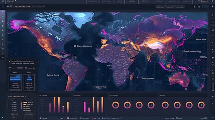 A colorful world map visualizing data with interactive elements and graphs.