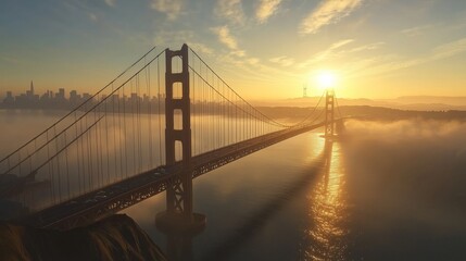Obraz premium Aerial View of Golden Gate Bridge at Sunset with City Skyline in the Background