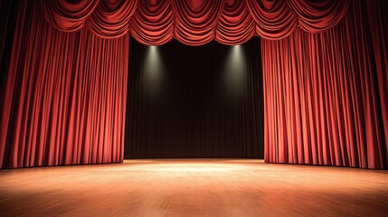 Red velvet curtains pulled back to reveal a dark stage with two spotlights shining onto the wooden floor.