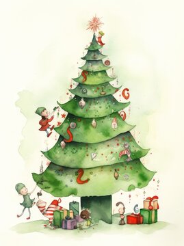 A Christmas tree with a group of elves hanging ornaments on it