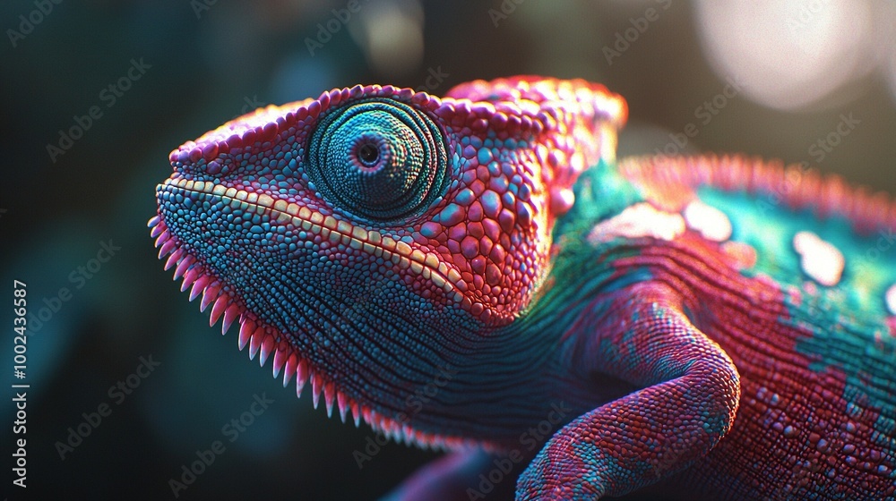 Sticker   A sharp close-up of a vibrant chameleon's visage, against a softened backdrop of hazy light