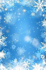 Sparkling Blue Christmas Background with Delicate Snowflakes, Festive Winter Holiday Theme.