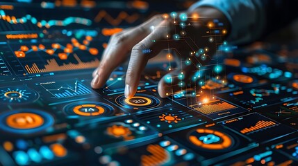 A futuristic interface displaying data analytics with a hand interacting with digital elements.