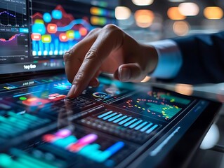 A close-up of a hand interacting with a digital dashboard displaying data visualizations.