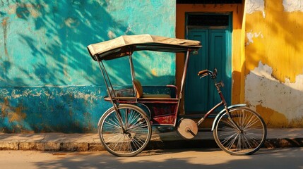 Vintage Cycle-Rickshaw Parked Against a Colorful Wall