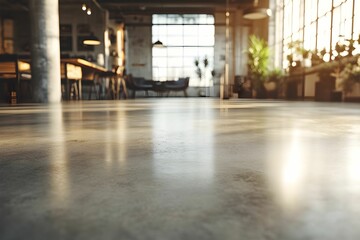 A spacious, sunlit office interior featuring polished concrete floors and vibrant indoor plants