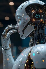 A futuristic robot with intricate circuitry, deep in thought.