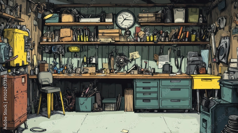 Poster A cluttered and messy workshop with a workbench and tools