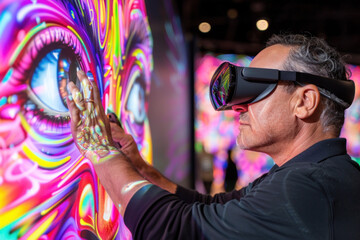 An augmented reality artist creating virtual murals, with interactive digital displays in the background