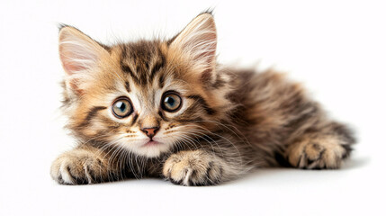 A baby feline with a fluffy fur, lying on a white background, its cute face and surprised eyes creating a charming portrait