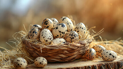 Obraz premium A basket filled with fresh quail eggs, set against a wooden background with straw, highlighting organic ingredients and traditional Easter decoration