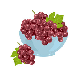 Red grape in bowl isolated on white. Vector flat icon of fresh ripe berry.