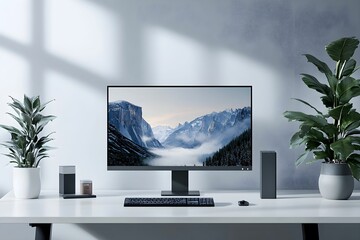 Fototapeta premium Elegant workspace with modern technology and serene mountain view on the screen during daylight