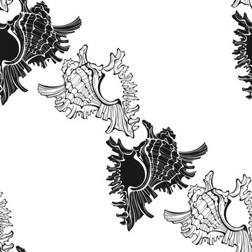 recommend clip art: Seamless vector pattern with  seashells. Nature background. Outline and silhouette. Black and white.  Perfect for wallpaper, wrapping, fabric, print and textile. 