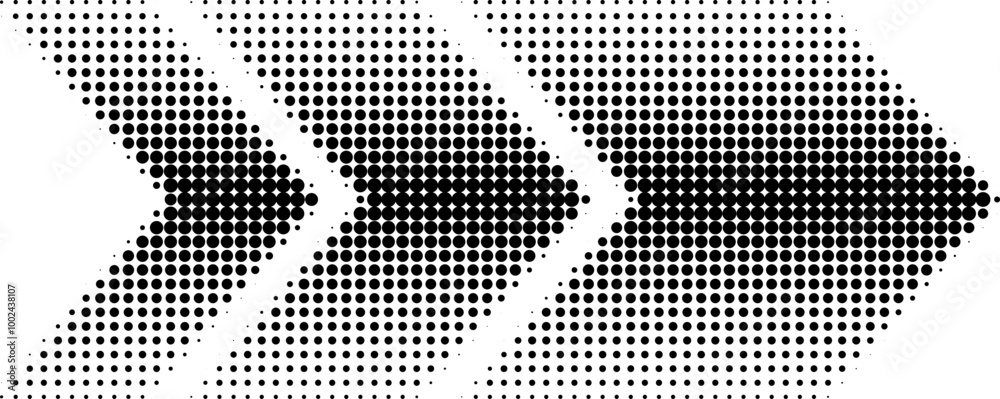 Sticker abstract arrow symbol created from dots, halftone effect. retro halftone style arrow in three sizes 