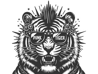 Fototapeta premium punk tiger with a mohawk, in sunglasses and a spiked collar, blending fierce and rebellious vibes sketch engraving generative ai raster illustration. Scratch board imitation. Black and white image.