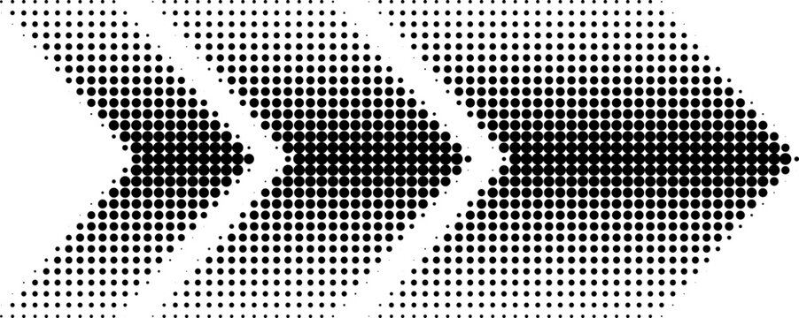 Abstract arrow symbol created from dots, halftone effect. Retro halftone style arrow in three sizes illustration. Perfect for web design, digital art, colleges, or any other projects.