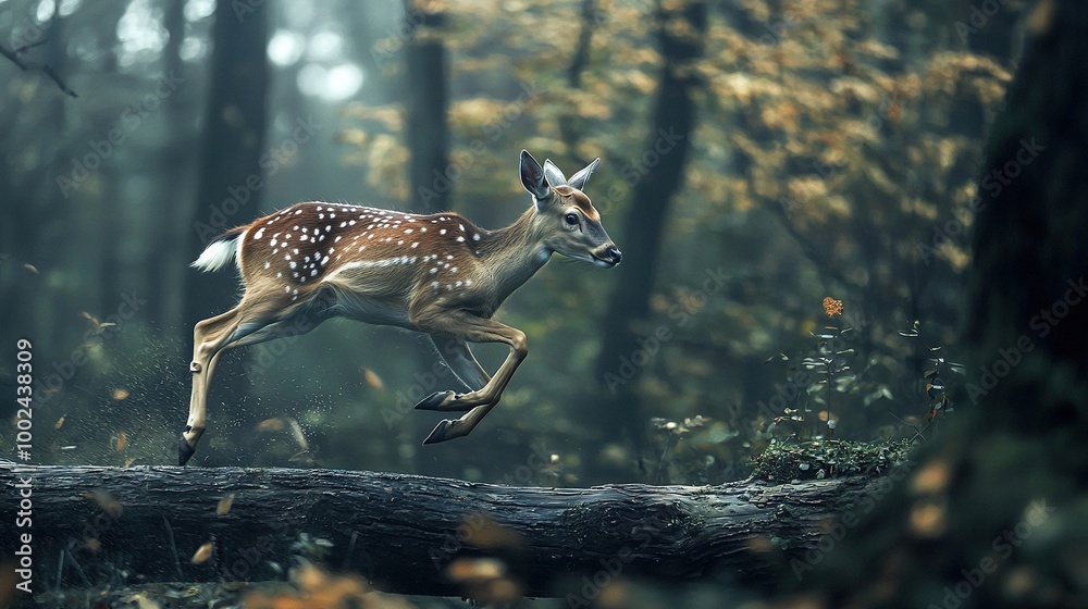 Wall mural   A deer jumps over a fallen tree amidst a dense forest of greens and yellows, with a mystical fog shrouding the scene